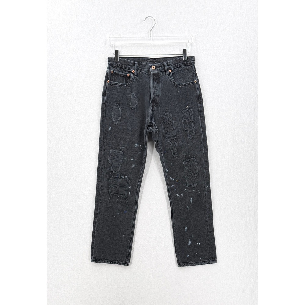 NSF Distressed Jeans Women 27 Black Paint Splatter Straight Leg Mid Rise Denim